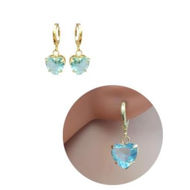 Imagem de Brinco Argolinha Pedra Fusion Azul Agua Coração Folheado Ouro 18k Anti
