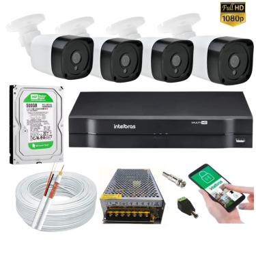 Imagem de Kit 4 Câmeras Segurança Residencial Full Hd 1080p 2MP Bullet 20m  Dvr Intelbras 4 canais+hd 500gb