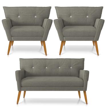 Imagem de Kit 01 Namoradeira 02 Lugares e 02 Poltronas Anitta com Strass Linho Grafite A26 Pés Palito Castanho - D?Rossi