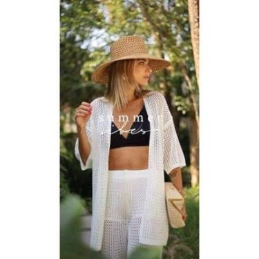 Imagem de Conjunto de praia verão leve tricot calça cordão ajustável camisa aberta moda feminina-Feminino
