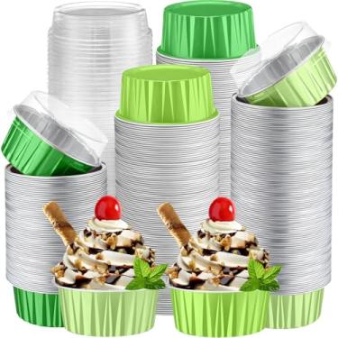Imagem de Gandeer Pacote com 200 forros de cupcake de folha de alumínio com tampas, copo redondo de 142 g para festa de casamento, ramekin de torta descartável, recipiente para mini latas de bolo (conjunto