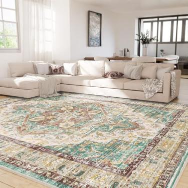 Imagem de CAPALOCA Tapete de área 12 x 18 cm Boho lavável à máquina tapete de sala de estar antiderrapante pilha baixa estampa vintage tapete macio envelhecido para quarto sala de jantar amarelo/verde/vermelho