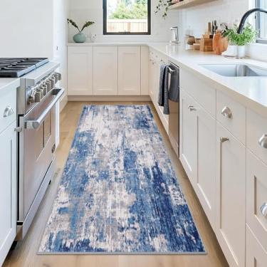 Imagem de RELEANY Tapetes laváveis de 6,5 x 1,8 m, antiderrapante, moderno, abstrato, macio para sala de estar, entrada, quarto, berçário, padrão estampado, azul, cinza, azul marinho e cinza