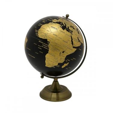 Imagem de Globo Terrestre Decorativo, Base de Metal, Preto e Dourado, 26 cm, Giratório para Mesa de Escritório e Quarto, Mapa em Português