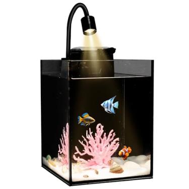 Imagem de Mini kit de aquário de mesa, cubo sem aro de 1,2 galão com filtro, holofote de LED, fundo preto, construção de vidro, pipeta para peixes Betta, Guppies, Tetras