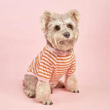 Imagem de Camiseta listrada para cães, respirável, roupa para animais de estimação, roupas coloridas para filhotes de cachorro de pequeno a médio porte (laranja P)