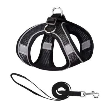 Imagem de Conjunto de arnês e coleira à prova de fuga para animais de estimação pequenos e grandes, arnês ajustável e trelas para caminhar, peitoral leve para filhotes, preto, PP