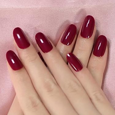 Imagem de Unhas ovais de vinho escuro, unhas postiças curtas de Natal, kit de unhas reutilizáveis com abas adesivas de cola, mini lixa de unha, kit de 24 peças, presente feminino e feminino