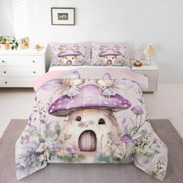 Imagem de Erosebridal Jogo de cama casal com borboleta, flores fofas, lavanda, borboleta, cogumelo, para crianças, meninos, meninas, adultos, princesa, rosa, fofo, decoração de quarto, enchimento de edredom