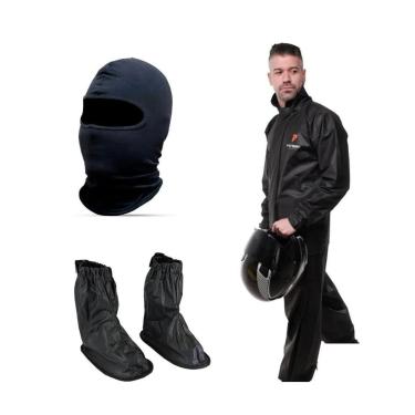 Imagem de Kit Capa Roupa Chuva Pioneira Jaqueta Calça  Pvc + Polaina Moto Motoqueiro + Capuz Ninja-Unissex
