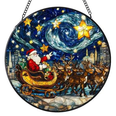 Imagem de Vitral pendurado na janela, papai noel, alce, vitral, apanhadores solares, painel de vidro de janela interna, decoração de pendurar no jardim de Natal para mulheres, 16 cm