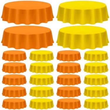 Imagem de Patelai Toalha de mesa redonda de plástico de Ação de Graças, outono, 24 peças, toalha de mesa redonda de plástico de 203 cm para decoração de festa de colheita de outono (laranja, amarelo)