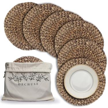 Imagem de Jogo americano redondo de tecido, conjunto de 6 (38 cm) – tapetes de mesa de jacinto de água tecidos à mão com saco de juta reutilizável, decoração de jantar boho de fazenda, carregadores de vime