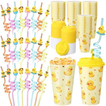 Imagem de Yungyan 16 conjuntos de copos de lembrancinhas de festa de pato amarelo com tampas e canudos para decorações de aniversário, reutilizáveis, copos de plástico de 473 ml, canudos de plástico para festa