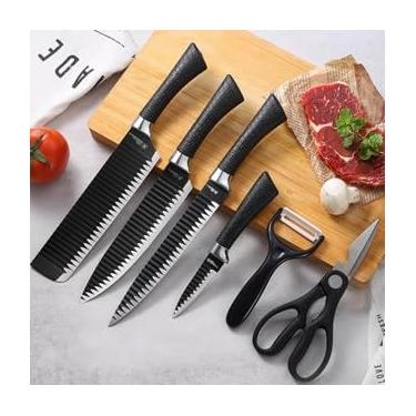 Imagem de KIT 6 PEÇAS CONJUNTO DE FACAS CUTELO CARNE CHURRASCO LEGUMES QUEIJOS AÇO CARBONO DESCASCADOR TESOURA PROFISSIONAL
