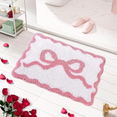 Imagem de Tapete de banho com laço recortado rosa, decoração de quarto elegante, tapete de banho absorvente fofo de microfibra antiderrapante, decoração de banheiro engraçada para banheira, decoração de