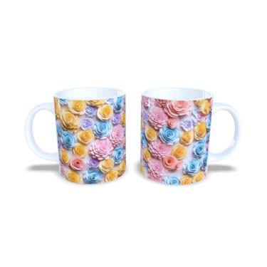 Imagem de Caneca de Cerâmica com Estampa Floral 3D, Branca, 325ml, Design Moderno com Flores Coloridas (14116)
