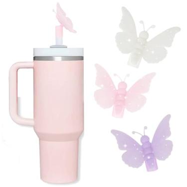 Imagem de Oddyami Cobertura de palha de borboleta rosa para Stanley Cup, topo de palha de glitter de silicone para copo com alça 30/1,134 g, tampa de canudos fofos de 10 mm/0,4 pol, tampas de canudos para