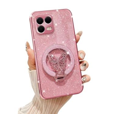 Imagem de Tesazxcn Capa de telefone para T-Mobile Revvl 8 Pro [compatível com Magsafe] com suporte de borboleta e cordão de TPU macio brilhante transparente à prova de choque capa para Revvl 8 Pro, ouro rosa