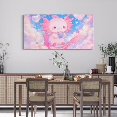 Imagem de Linda arte de parede em tela axolotl desenho animado salamandra rosa imagem de vida marinha em tela emoldurada decoração de parede para quarto coração sonhador nuvem estrelas céu azul decorações de