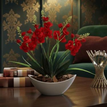 Imagem de Arranjo de Orquídea Artificial Planta Decorativa Vaso e Casca Polida(Vermelho1)