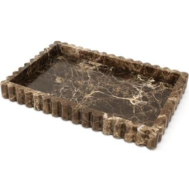 Imagem de YMXYJM Bandeja de mármore – Bandeja decorativa luxuosa de pedra natural com borda esculpida exclusiva, bandejas de servir e armazenamento de mármore para banheiro, cozinha, penteadeira, bancada e mesa
