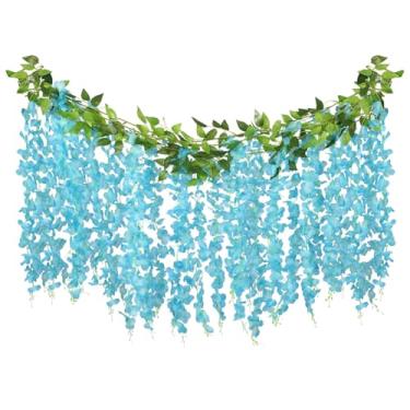 Imagem de ARTKAIKE Guirlanda de flores artificiais para decoração de casa, planta de seda falsa de glicínia para quarto, banheiro, parede, cozinha, quarto, jardim, decoração de casamento ao ar livre (4, azul)