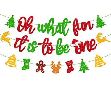 Imagem de Oh What Fun It Is To Be One Banner Merry Christmas Tree Xmas Bell Deer Happy New Year Theme for Kids Boy Girl First 1ST Happy Birthday Party Red and Green Decoration