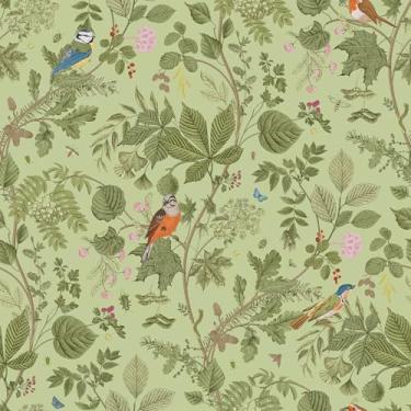 Imagem de VEELIKE Papel de parede vintage de pássaro, papel de parede floral verde para banheiro, quarto, 48 x 39 cm, autoadesivo, removível, retrô, botânico, papel de parede verde, para armários, gavetas