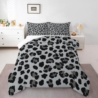 Imagem de Feelyou Conjunto de cama com estampa de leopardo, preto, cinza, macio, para meninos e meninas, tamanho Queen, safári, edredom de microfibra, guepardo, 3 peças com 2 fronhas