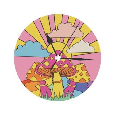 Imagem de XLinTech Relógio de parede retrô hippie cogumelo dos anos 70 para quarto, sala de estar, relógio de mesa redondo de 24 cm, decoração de casa, para cozinha, banheiro, escritório, mesa de cabeceira