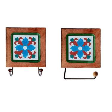 Imagem de Kit de Banheiro Artesanal com Ladrilho Hidráulico 1 Cabideiro Duplo + 