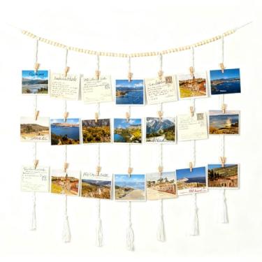 Imagem de JBESUHI Exibição de fotos para pendurar em macramê com cordão de luzes – porta-cartões com guirlanda de madeira Boho (45 clipes), decoração de parede para quarto, sala de estar, dormitório, presente