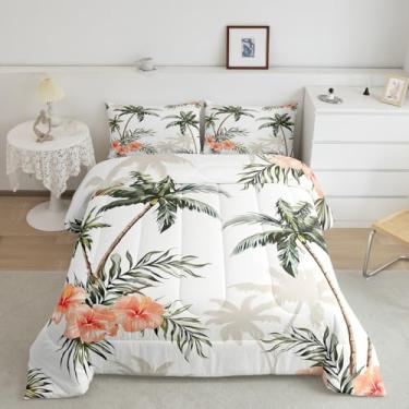 Imagem de Castle Fairy Conjunto de edredom de coqueiro, estilo tropical, folhas de palmeira, decoração de casa, branco, bege, verde, tamanho king, 3 peças com 2 fronhas