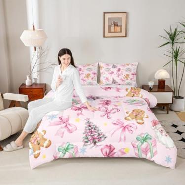 Imagem de Castle Fairy Conjunto de edredom queen com laço rosa para presente de Natal, árvore de Natal, decoração de quarto de adultos, conjunto de cama de Papai Noel, microfibra ultramacia rosa, 3 peças, roupa