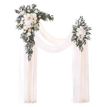 Imagem de Angela flower Conjunto de flores de arco de casamento de luxo com cortinas, pacote com 4, 2 peças de arranjo de flores de seda para pendurar champanhe e sálvia branca, 2 peças de cortinas de chiffon