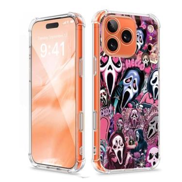 Imagem de Molecpulse Capa de telefone transparente com personagem de filme de terror rosa para iPhone 17 Pro Max, assustadora - Colagem chique para Halloween e estilo ousado