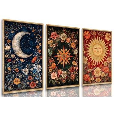 Imagem de 3 peças arte de parede em tela celestial sol lua e estrela tarô lua crescente decoração de parede gótico flores silvestres pintura pôsteres impressões estética escura academia vibração para quarto