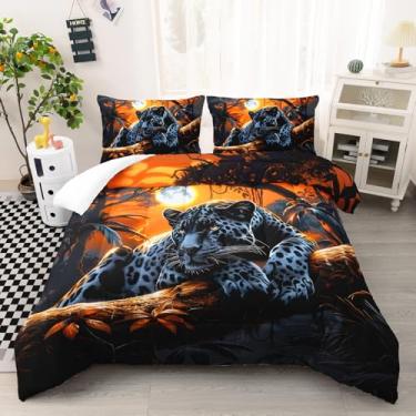 Imagem de AILONEN Conjunto de edredom Queen com estampa de Panteras Negras, tema safári e leopardo, para quarto, estampa de animais da floresta, microfibra macia com 2 fronhas, 3 peças