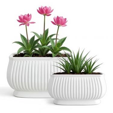 Imagem de OXART Vasos de cerâmica para plantas, vasos de flores de 12 + 23 cm, conjunto de vasos internos com orifícios de drenagem, vasos retangulares de cerâmica para plantas, lírios, cactos, suculentas e