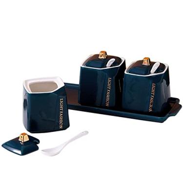 Imagem de Açucareiro estilo europeu com tampa e colher, 3 conjuntos de pote de açúcar, pote de tempero, pote de tempero, pote de sal, potes de açúcar de café de cerâmica colorida-cinza-3 conjuntos de frascos de