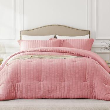 Imagem de Quataly Conjunto de edredom queen grande, rosa pêssego, comprimento extra adequado para colchões grossos, 3 peças, edredom de cama Seersucker para todas as estações, tamanho queen grande (248 cm x 2