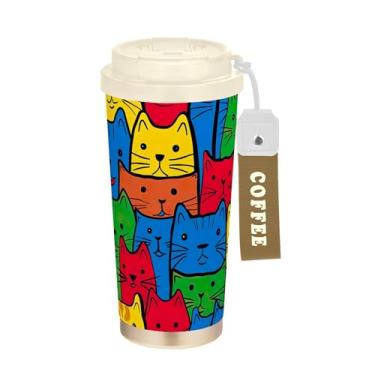 Imagem de SEHANY Caneca de viagem de gato gatinho fofo de 482 g xícaras de café reutilizáveis revestidas de cerâmica com tampa à prova de vazamento, parede dupla, isolamento a vácuo, copo de café de aço