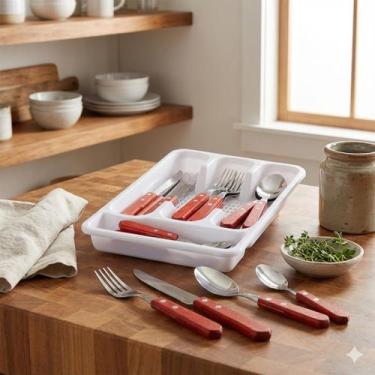 Imagem de Faqueiro Jogo Talheres Cabo Madeira Porta Talher 25 Peças - Mm House