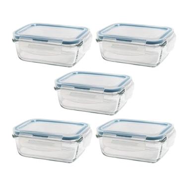 Imagem de Kit 5 Potes de Vidro Herméticos 370ml Borossilicato com Travas – Marmitas Fitness, Meal Prep Semanal, Antivazamento, Forno e Freezer