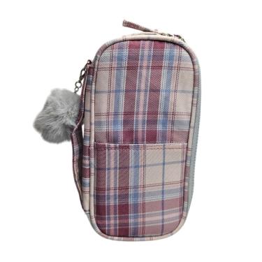 Imagem de Estojo Box Grande Escolar Xadrez com Pompom Alça Organizador Estiloso Aula Material Colorido Fofo