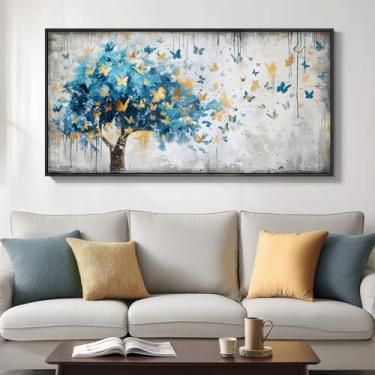 Imagem de Arte de parede emoldurada árvore da vida, pintura moderna em tela de árvore azul de fazenda para paredes, imagem abstrata de borboleta dourada de grafite cinza vintage para sala de estar, quarto, sala