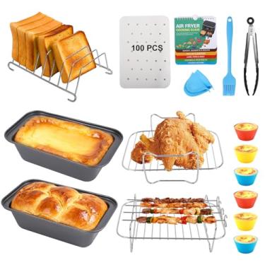 Imagem de Acessórios para fritadeira a ar, conjunto de 17 peças para fritadeiras de ar Ninja DZ401 DZ201 Foodi Dualzone com 100 peças de forros de fritadeira a ar, 2 frigideiras antiaderentes, pão, torrar
