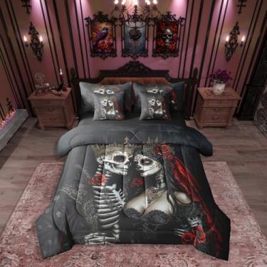 Imagem de Jogo de cama king size de caveira exótica com lençóis, esqueleto vintage, 7 peças, cama gótica retrô em uma bolsa, tribo étnica assustadora, conjunto de cama de osso vermelho e rosa, decorações de