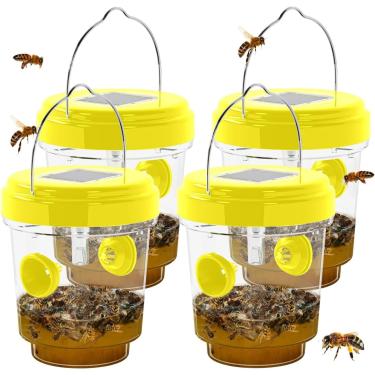 Imagem de Armadilhas de vespas para caça de vespas, abelhas, zangões, insetos, armadilhas de jaqueta amarela, apanhador de vespas, reutilizável para pendurar energia solar para uso ao ar livre, 4 pacotes